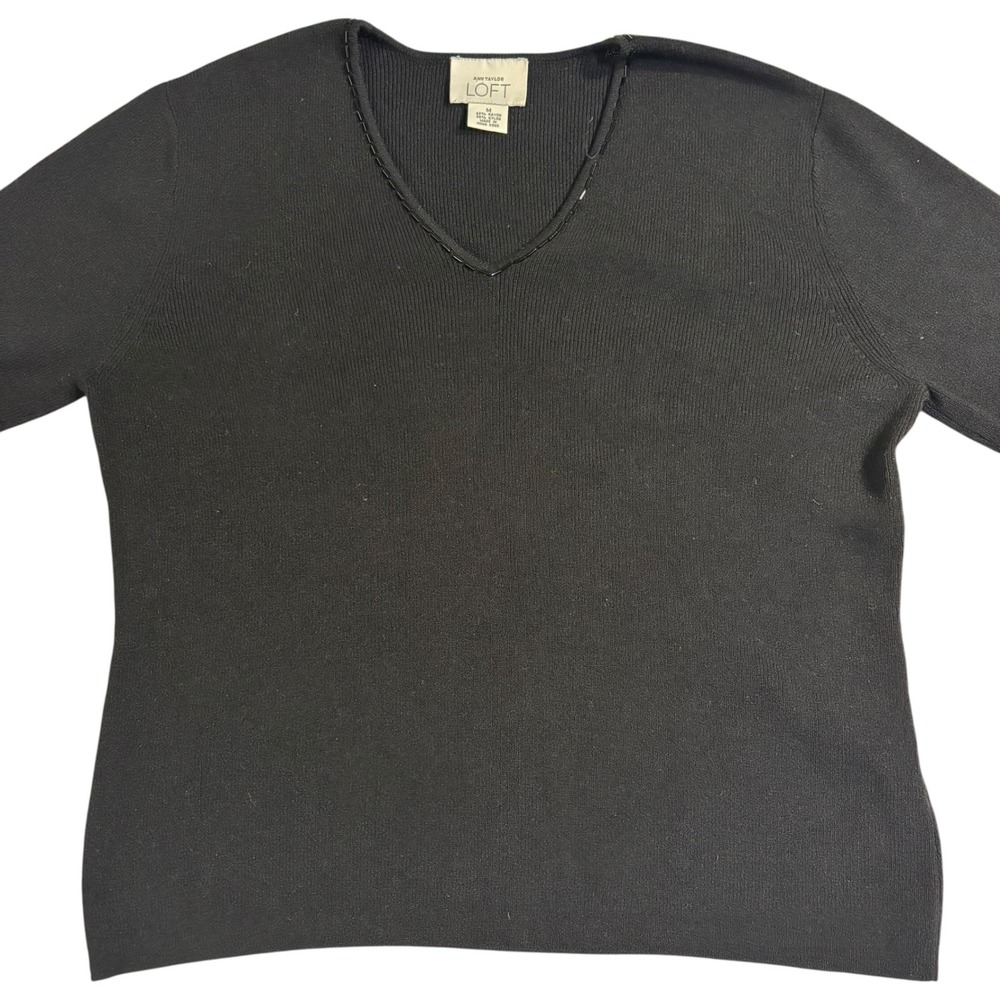 Ann Taylor LOFT V-Neck Sweater Beaded Trim Knit Top Pullover Black Medium*